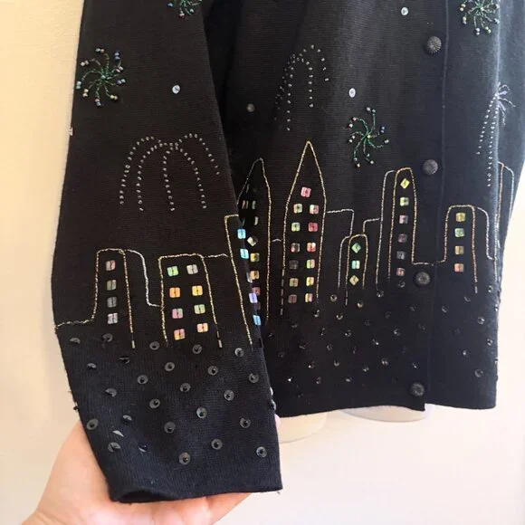Vintage Y2K 2000 Beaded NYE Fireworks NYC City Skyline Merino Wool Cardigan XL - Picture 9 of 12
